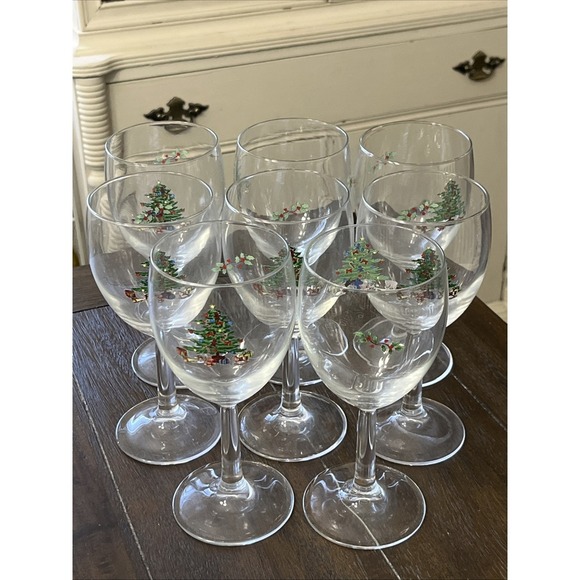 Vintage Christmas Tree‎ Wine Glasses Set of 8 - Picture 1 of 3